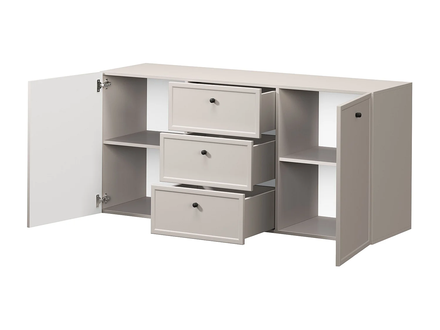 Buffet à 2 portes et 3 tiroirs avec poignées dorées, 150 x 45 cm