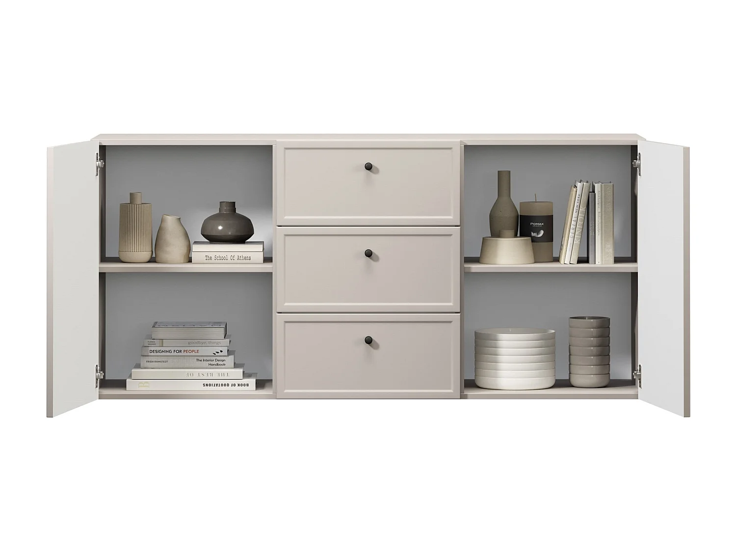 Buffet à 2 portes et 3 tiroirs avec poignées dorées, 150 x 45 cm