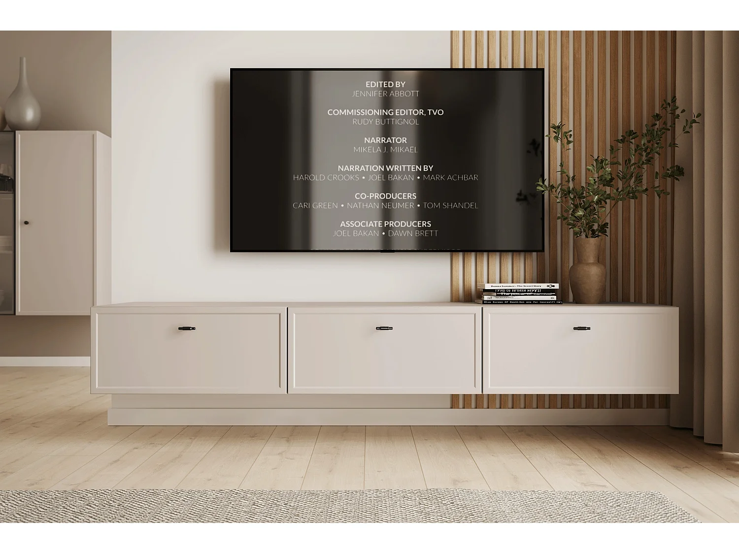 TV-Ständer aus Kaschmir mit 1 Tür und 2 Schubladen, schwarzen Griffen, 200 x 45 cm