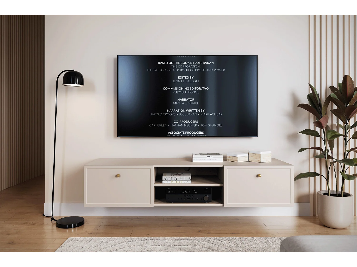 TV-Schrank aus Kaschmir mit 2 Schubladen und goldenen Griffen, 150 x 45 cm