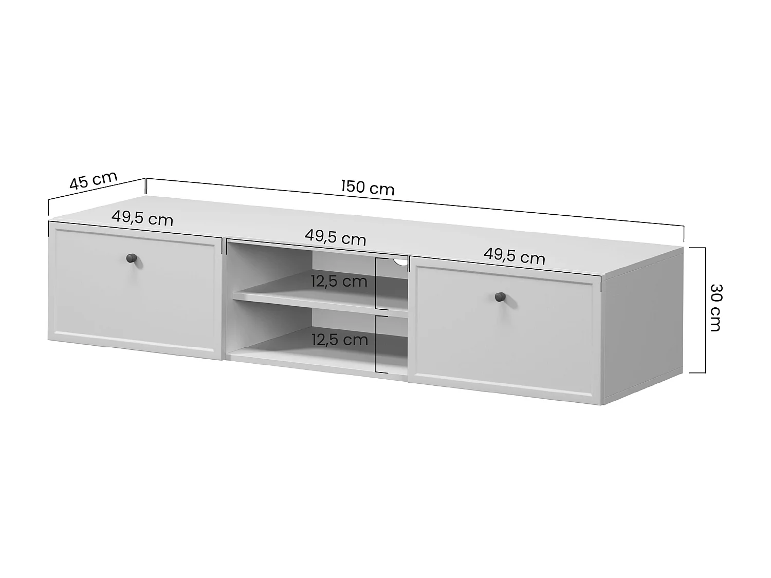 TV-Schrank aus Kaschmir mit 2 Schubladen und goldenen Griffen, 150 x 45 cm
