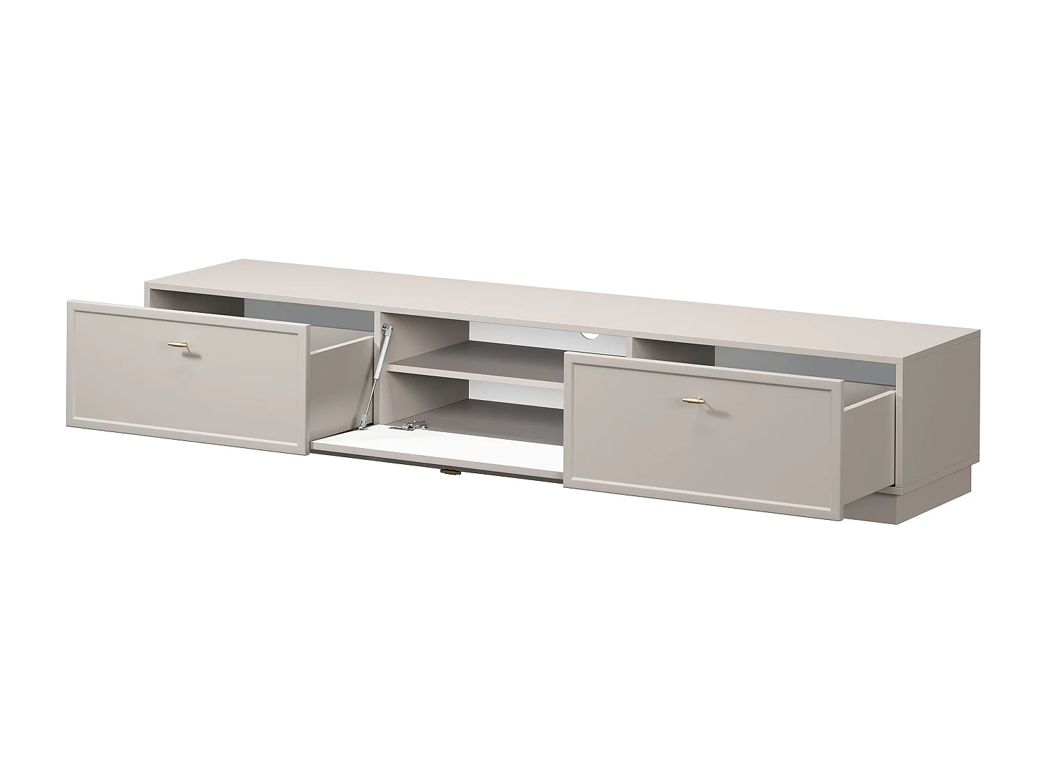 TV-Ständer aus Kaschmir mit einer Tür und zwei Schubladen, goldfarbenen Griffen, 200 x 45 cm