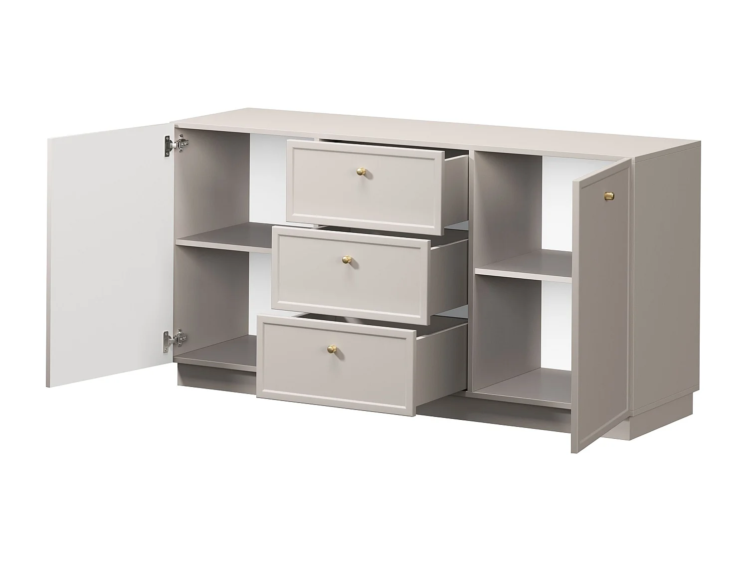 Buffet à 2 portes et 3 tiroirs avec poignées dorées, 150 x 45 cm