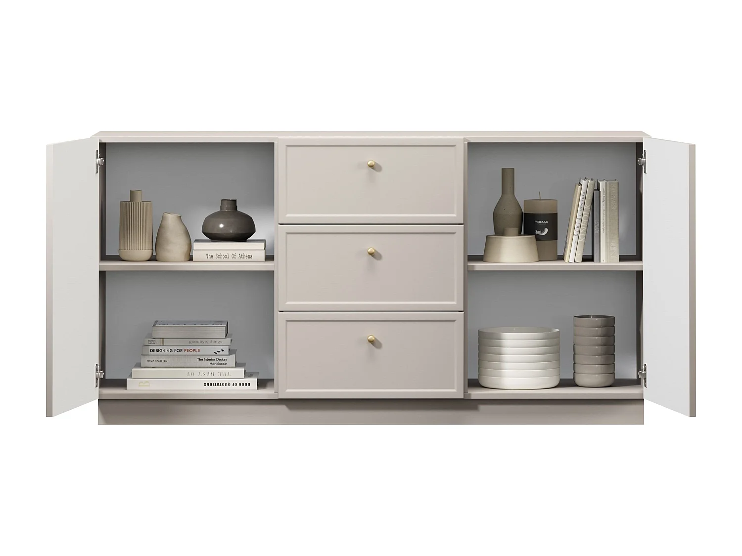 Buffet à 2 portes et 3 tiroirs avec poignées dorées, 150 x 45 cm