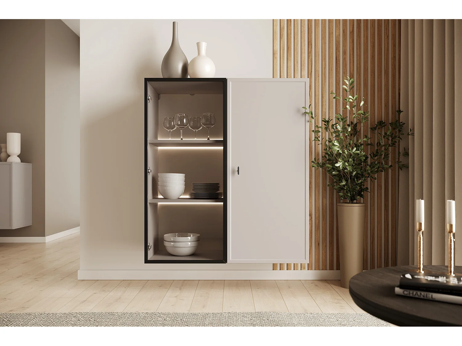 2-türige Vitrine mit integrierter LED-Beleuchtung, Kaschmir, 100 x 45 cm