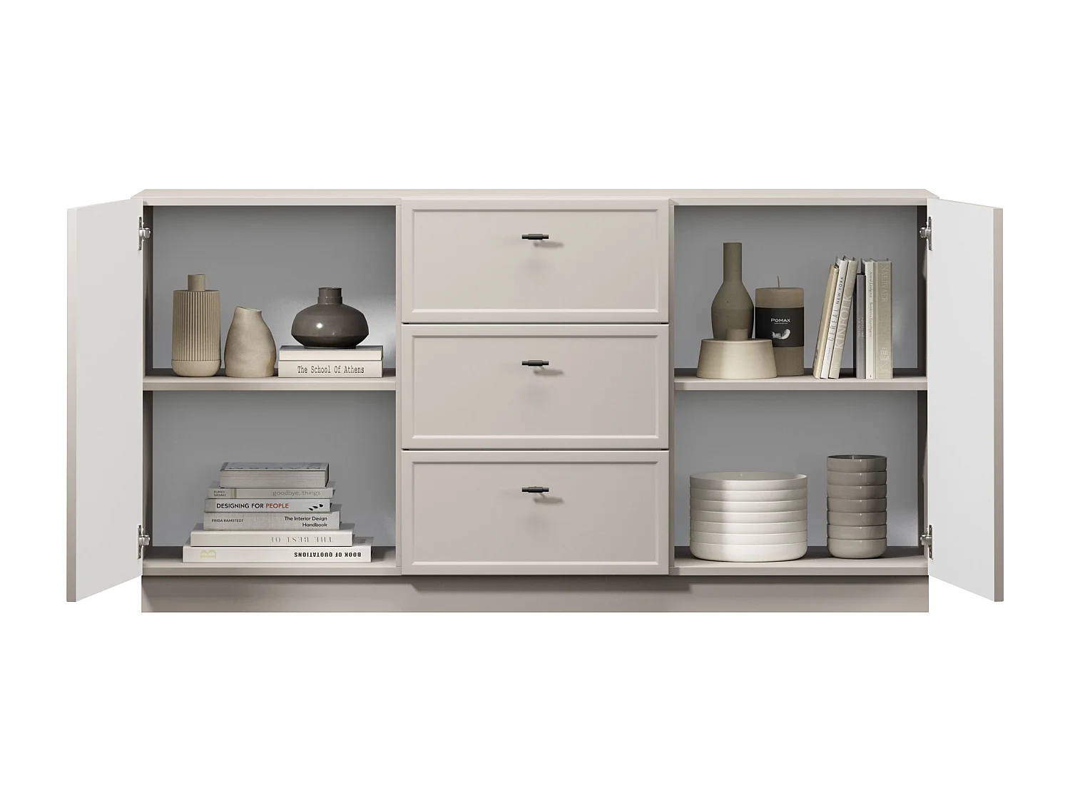 Buffet à 2 portes et 3 tiroirs avec poignées dorées, 150 x 45 cm