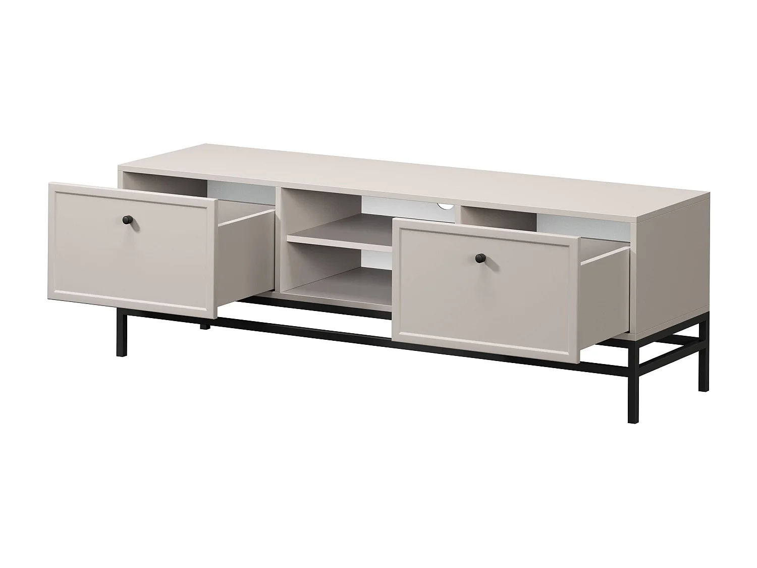 TV-Ständer aus Kaschmir mit 2 Schubladen und schwarzen Griffen, 150 x 45 cm