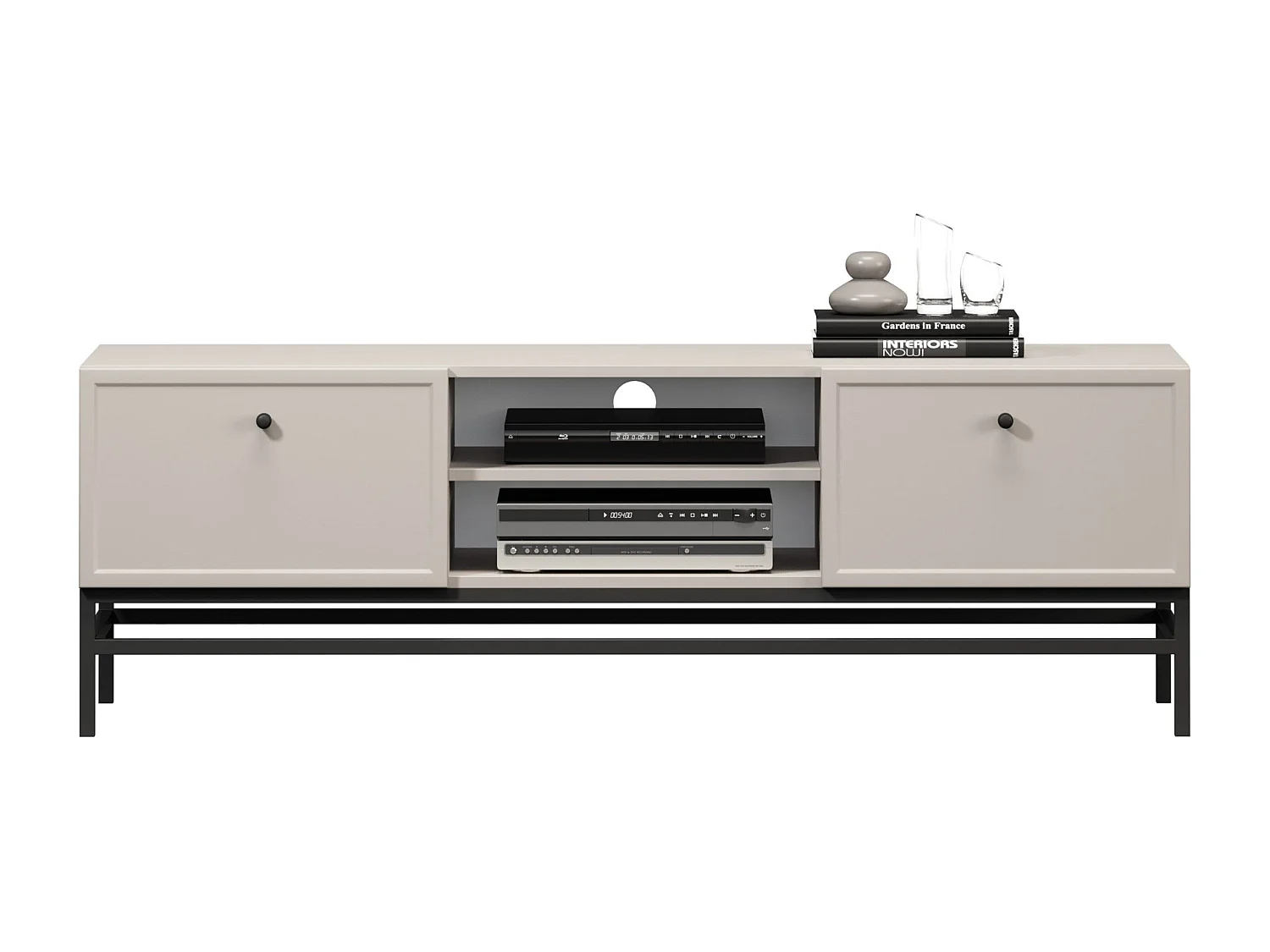 TV-Ständer aus Kaschmir mit 2 Schubladen und schwarzen Griffen, 150 x 45 cm