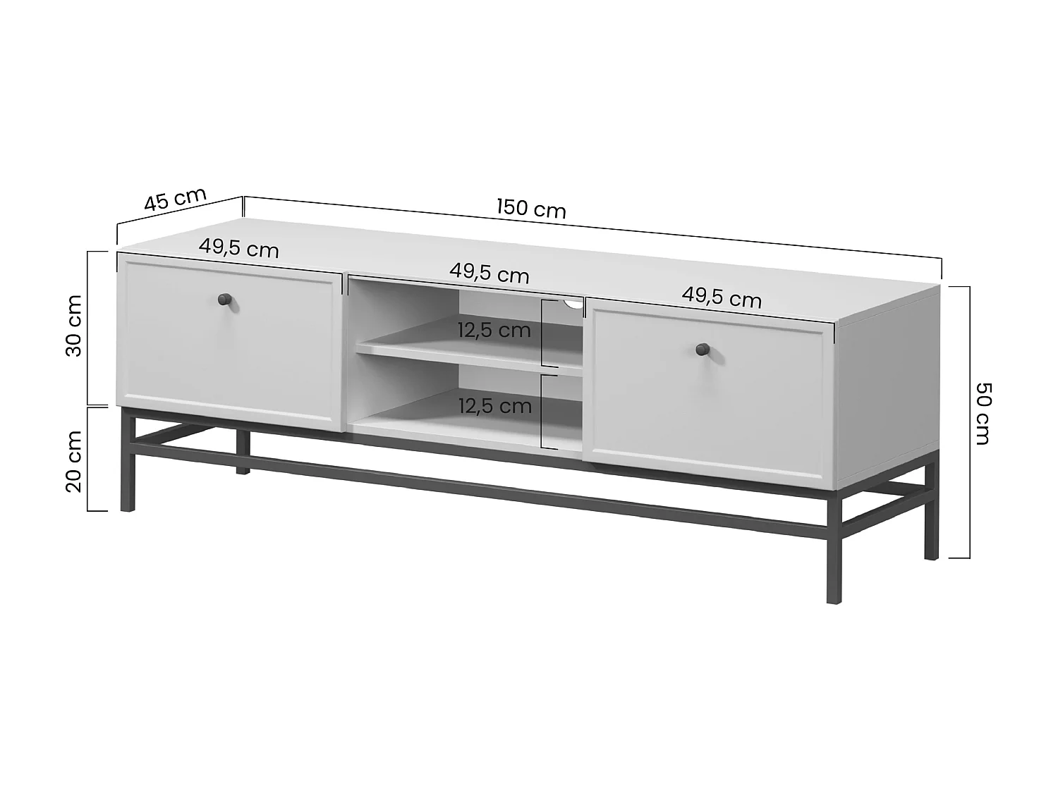 TV-Ständer aus Kaschmir mit 2 Schubladen und schwarzen Griffen, 150 x 45 cm