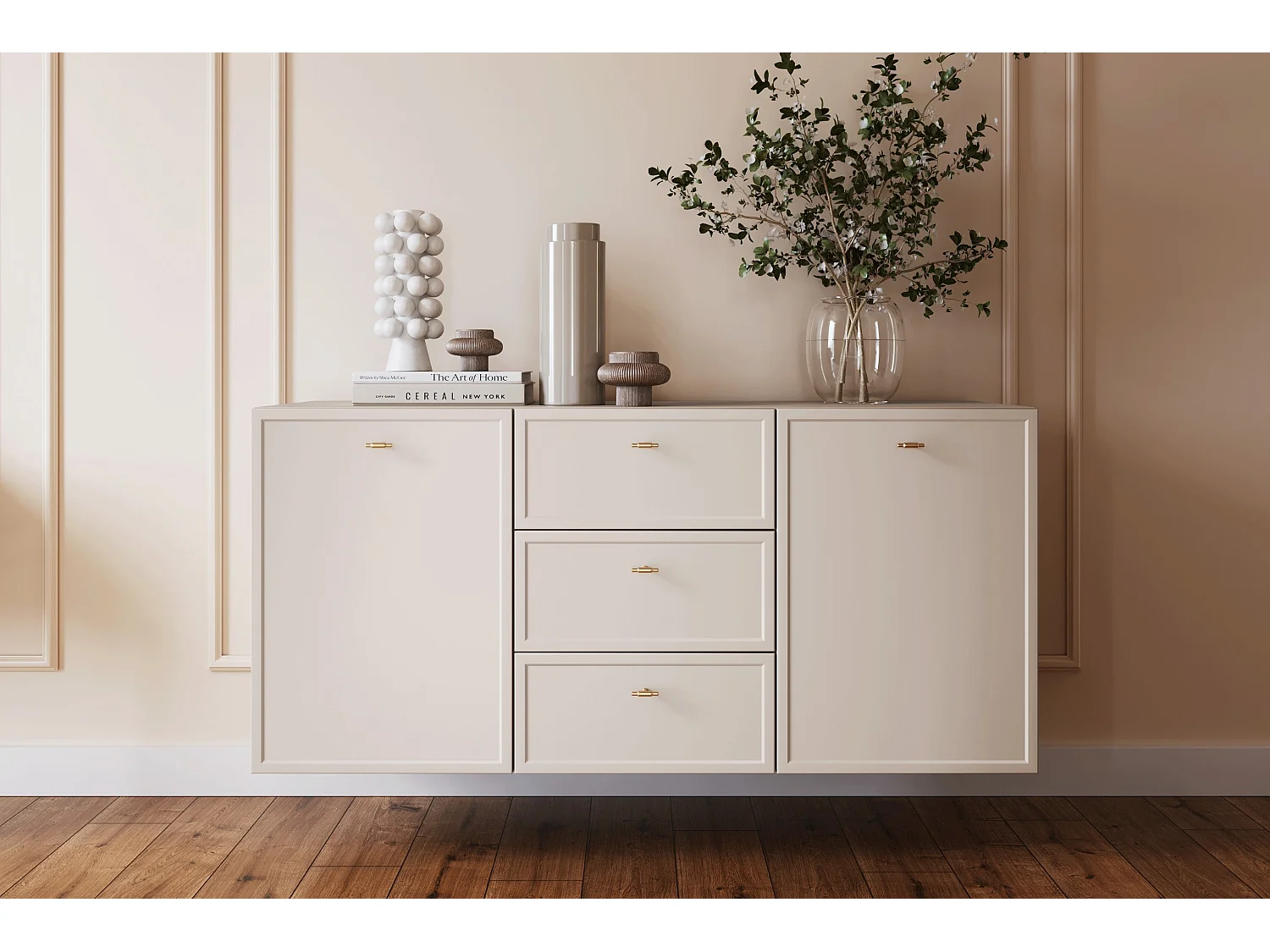 Buffet à 2 portes et 3 tiroirs avec poignées dorées, 150 x 45 cm
