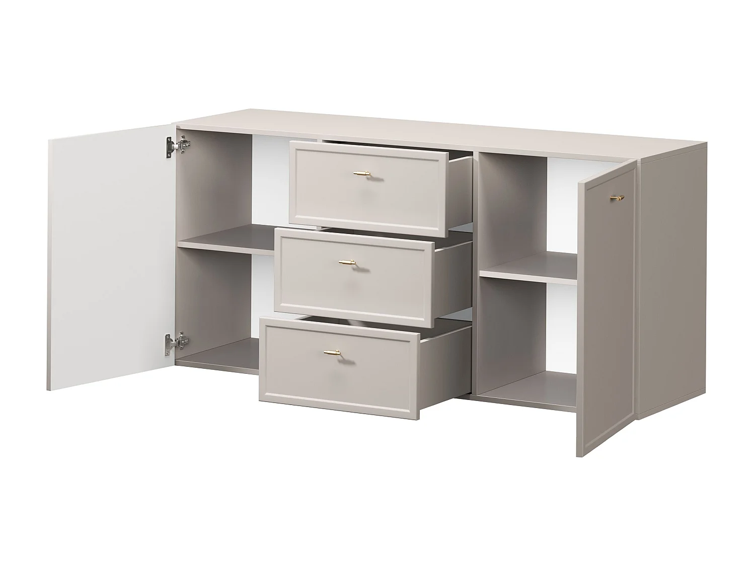 Buffet à 2 portes et 3 tiroirs avec poignées dorées, 150 x 45 cm