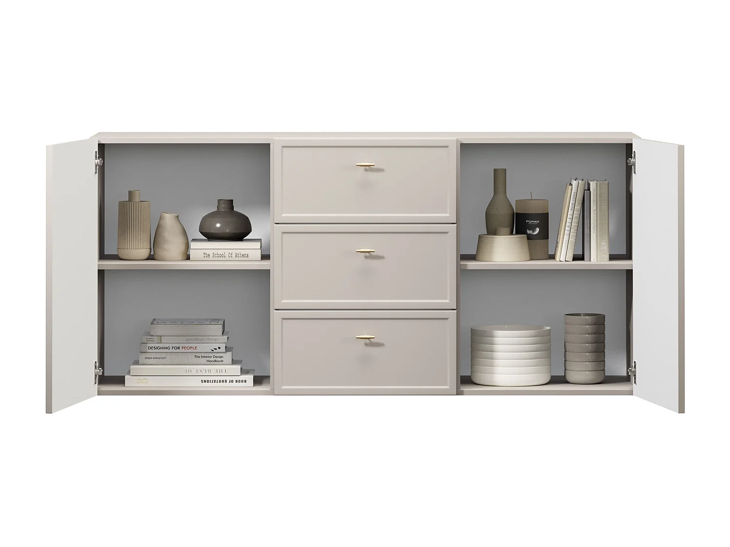 Buffet à 2 portes et 3 tiroirs avec poignées dorées, 150 x 45 cm