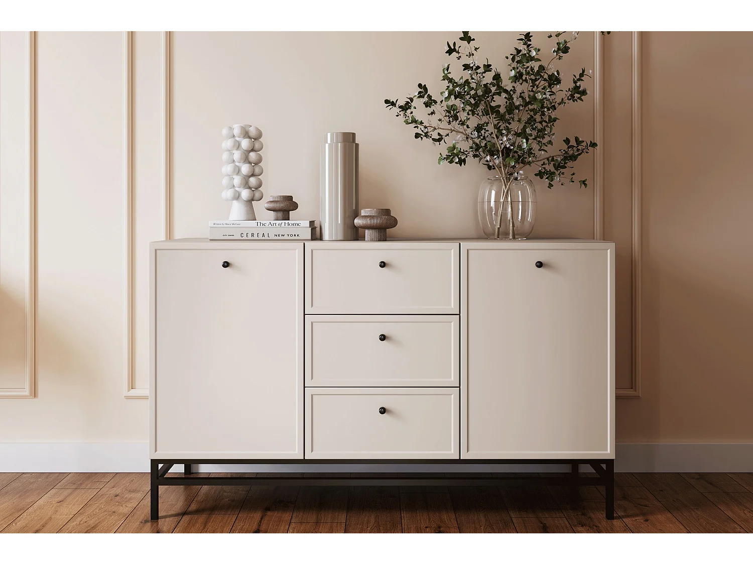 Buffet à 2 portes et 3 tiroirs avec poignées dorées, 150 x 45 cm