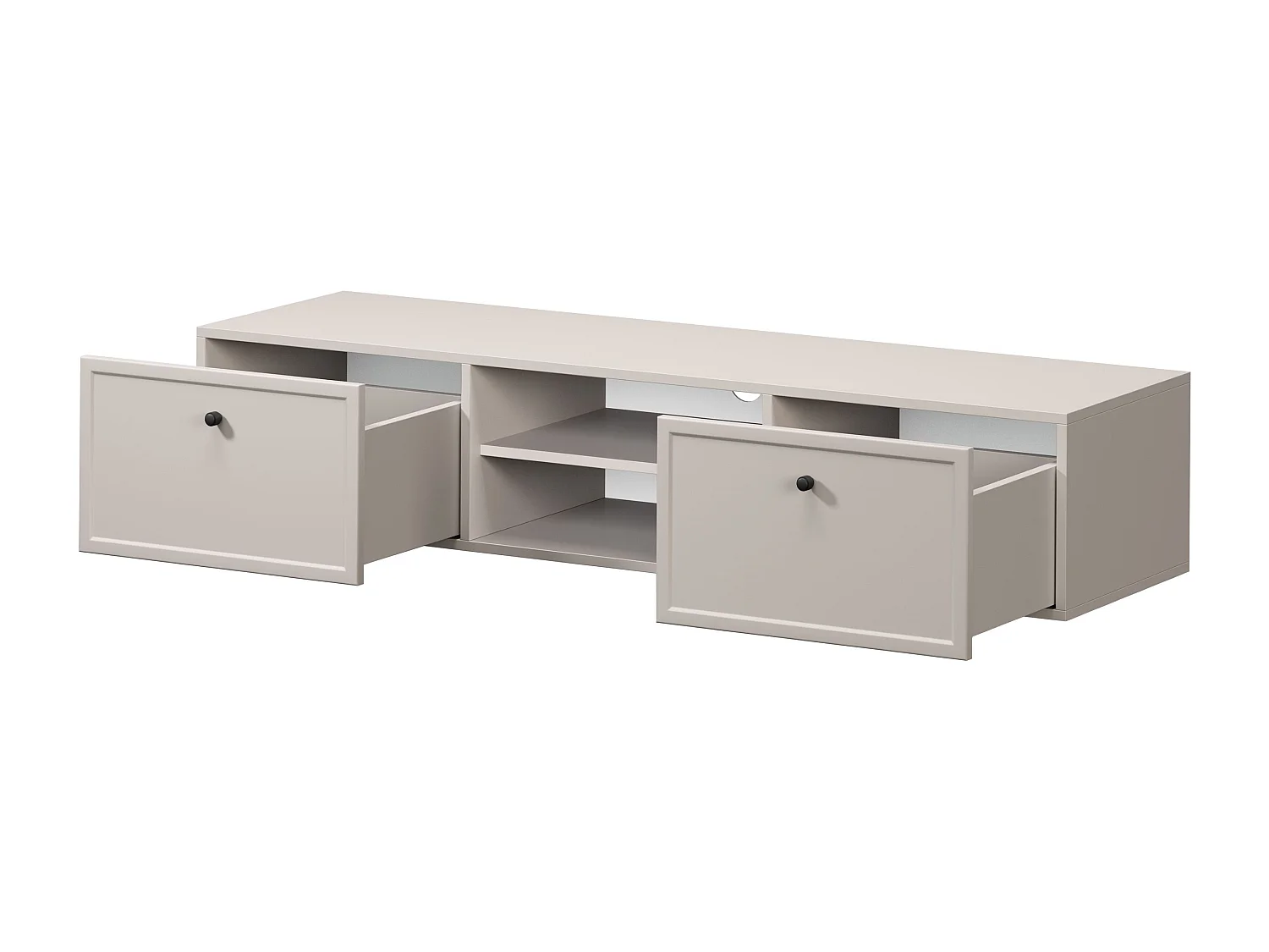 TV-Ständer aus Kaschmir mit 2 Schubladen und schwarzen Griffen, 150 x 45 cm