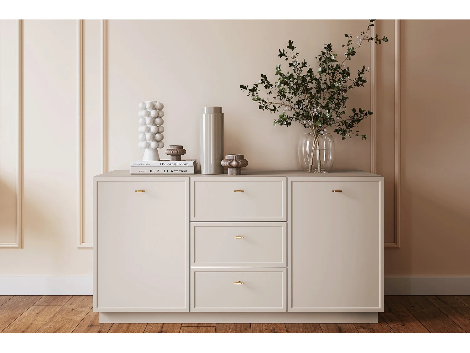 Buffet à 2 portes et 3 tiroirs avec poignées dorées, 150 x 45 cm