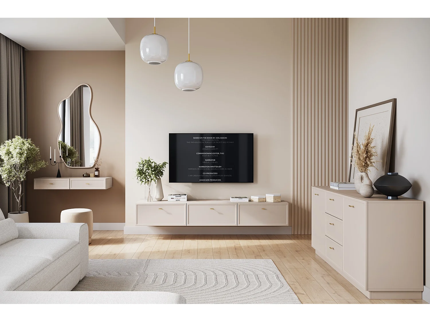 Buffet à 2 portes et 3 tiroirs avec poignées dorées, 150 x 45 cm