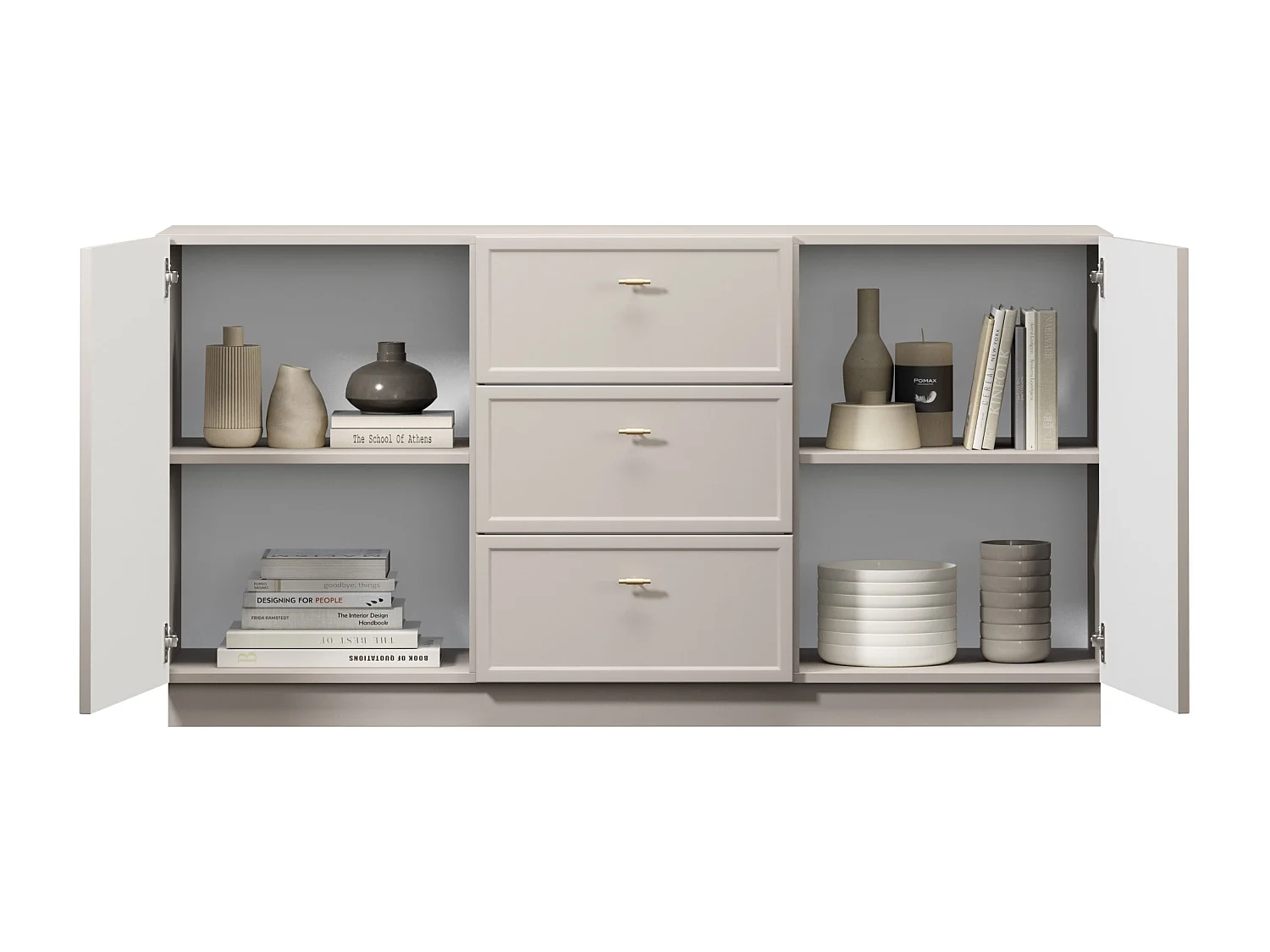 Buffet à 2 portes et 3 tiroirs avec poignées dorées, 150 x 45 cm