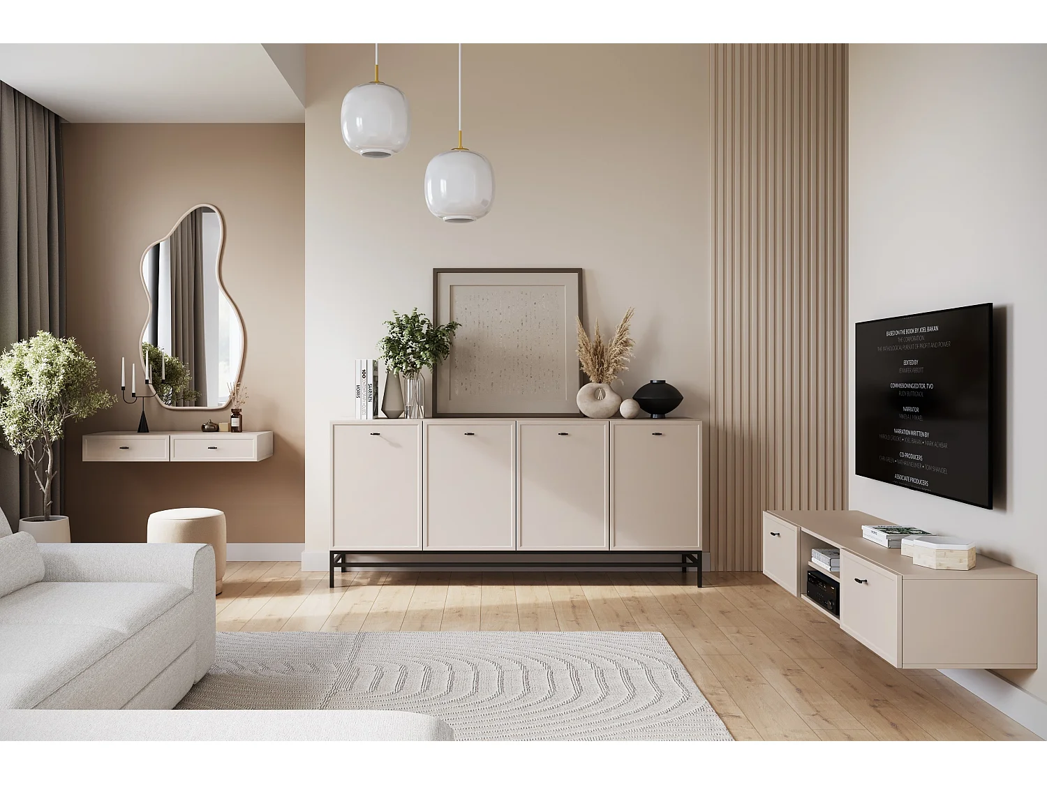 TV-Ständer aus Kaschmir mit 2 Schubladen und schwarzen Griffen, 150 x 45 cm