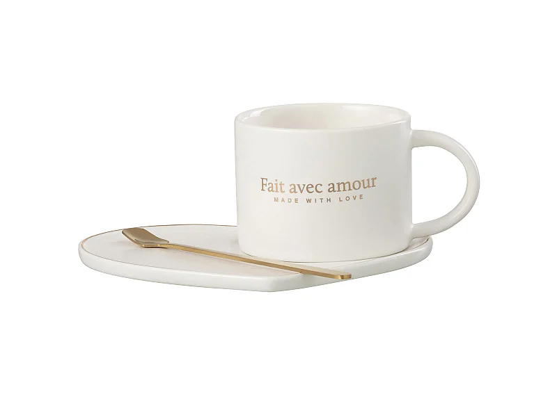 Ensemble Tasse, Sous-Tasse & Cuillère "Cœur II" 42cl Blanc