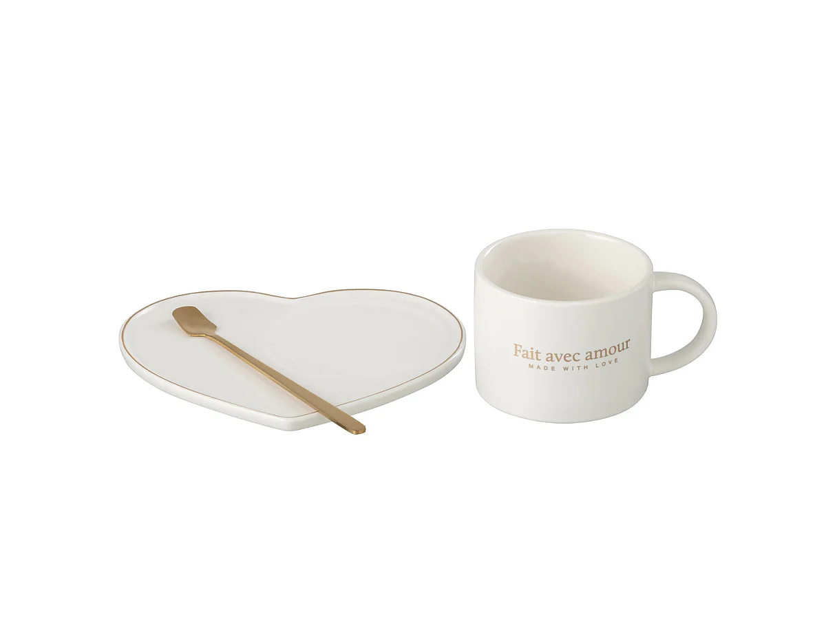 Ensemble Tasse, Sous-Tasse & Cuillère "Cœur II" 42cl Blanc