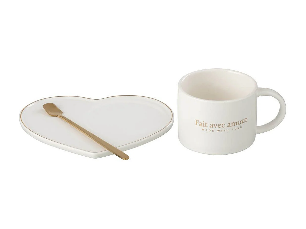 Ensemble Tasse, Sous-Tasse & Cuillère "Cœur II" 42cl Blanc