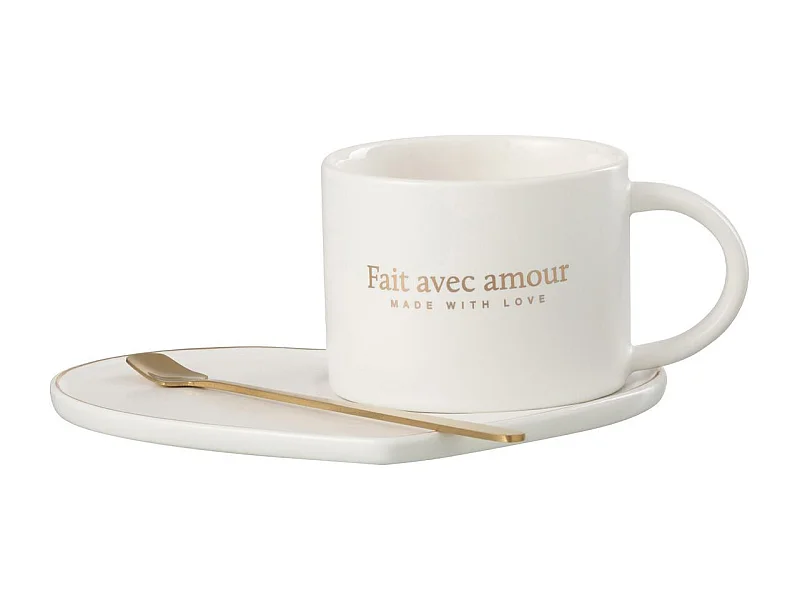 Ensemble Tasse, Sous-Tasse & Cuillère "Cœur II" 42cl Blanc