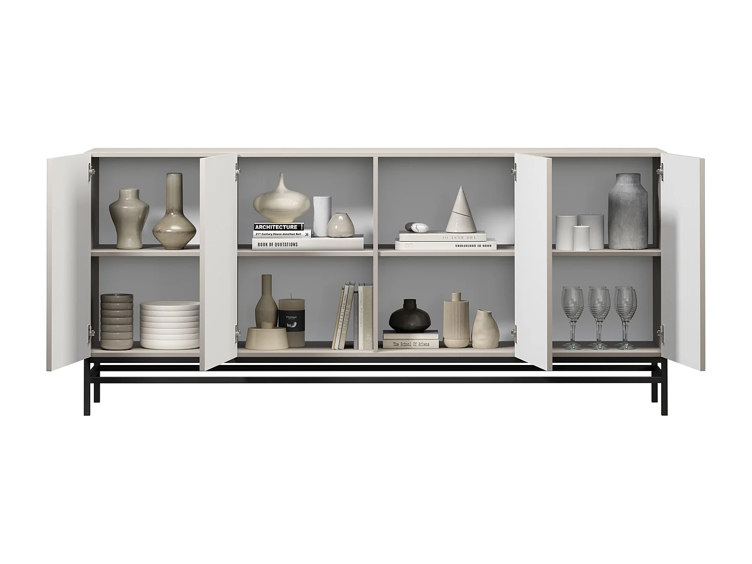 Buffet à 2 portes et 3 tiroirs avec poignées dorées, 150 x 45 cm