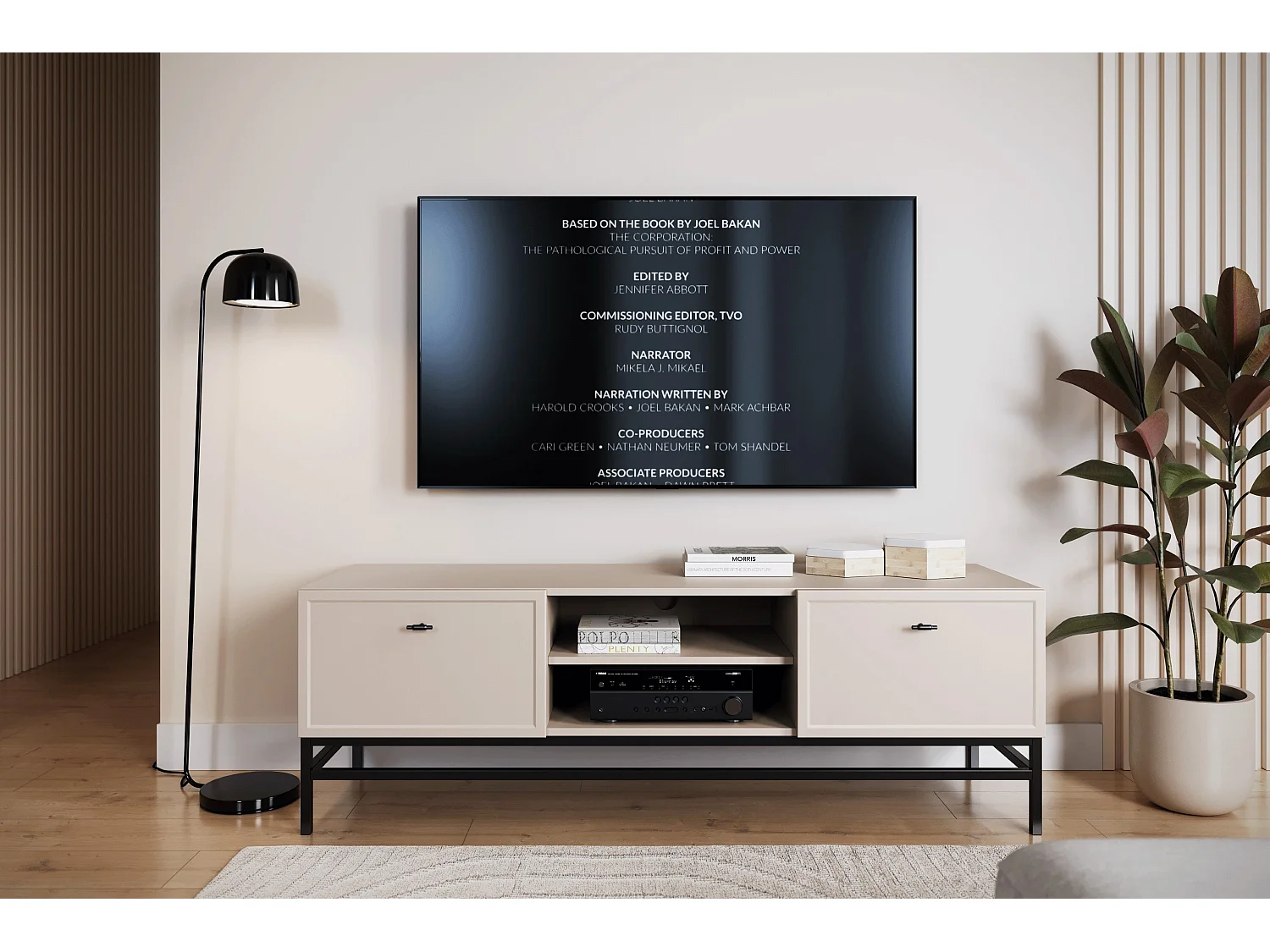 TV-Ständer aus Kaschmir mit 2 Schubladen und schwarzen Griffen, 150 x 45 cm