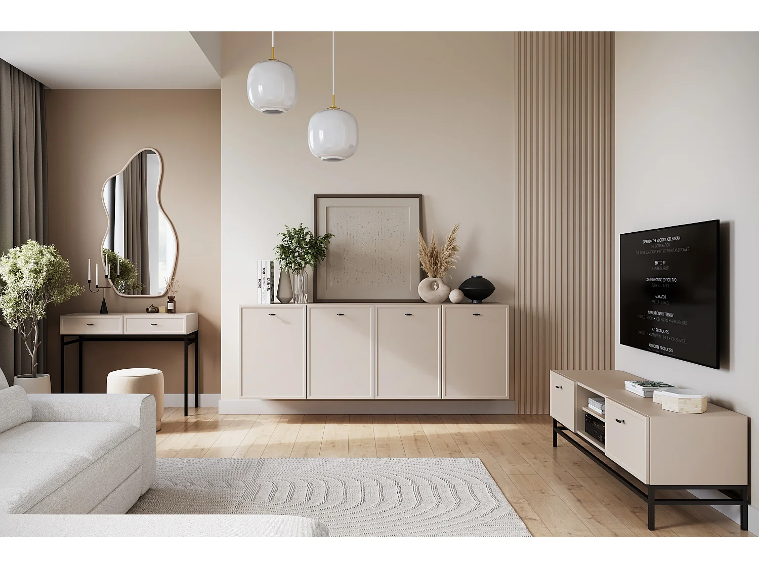 TV-Ständer aus Kaschmir mit 2 Schubladen und schwarzen Griffen, 150 x 45 cm