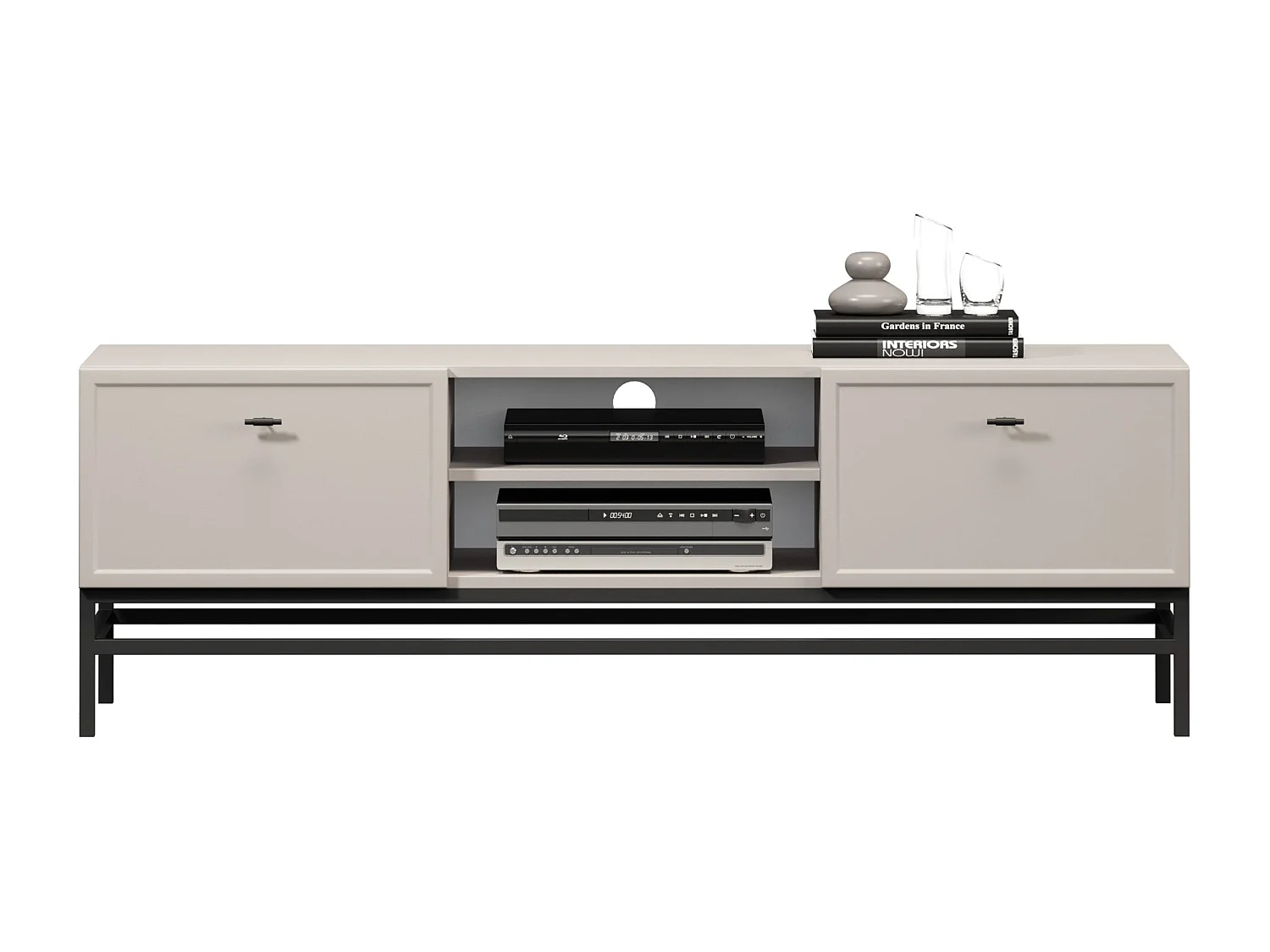 TV-Ständer aus Kaschmir mit 2 Schubladen und schwarzen Griffen, 150 x 45 cm
