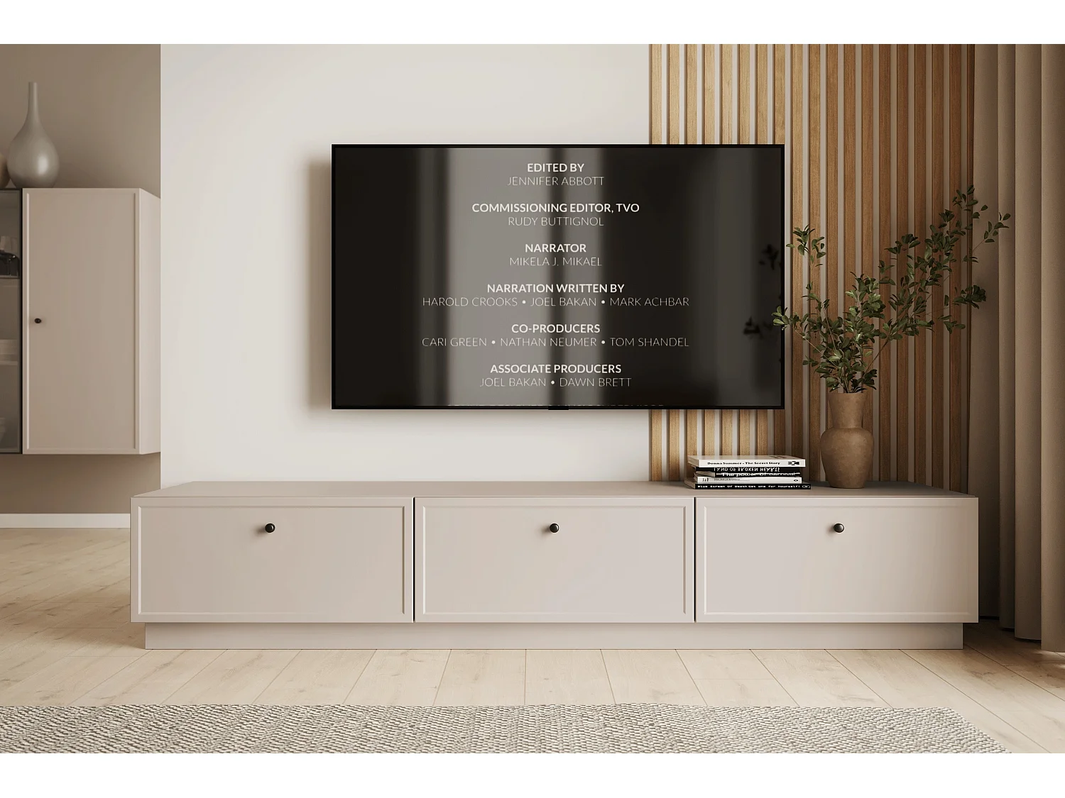 TV-Ständer aus Kaschmir mit 1 Tür und 2 Schubladen, schwarzen Griffen, 200 x 45 cm