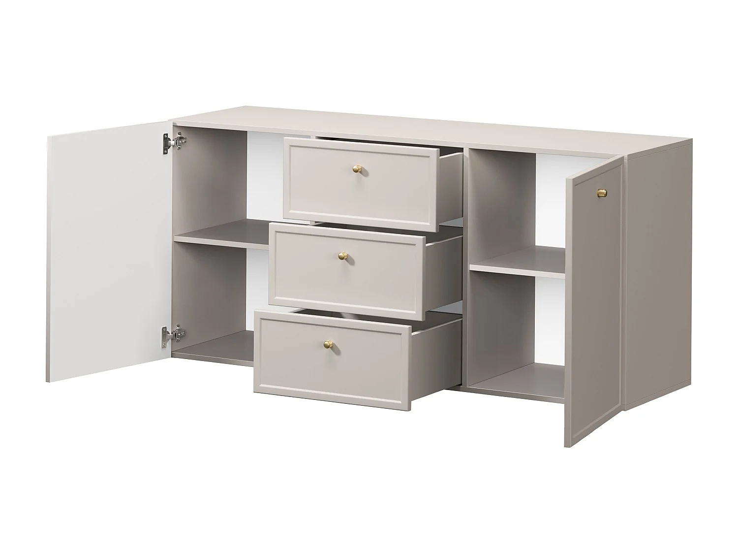 Buffet à 2 portes et 3 tiroirs avec poignées dorées, 150 x 45 cm