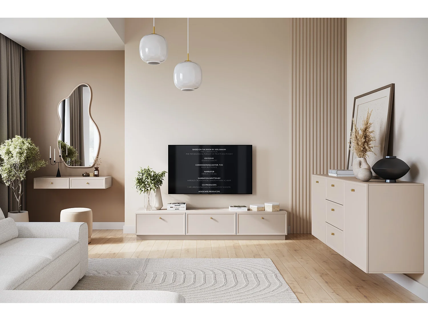 Buffet à 2 portes et 3 tiroirs avec poignées dorées, 150 x 45 cm