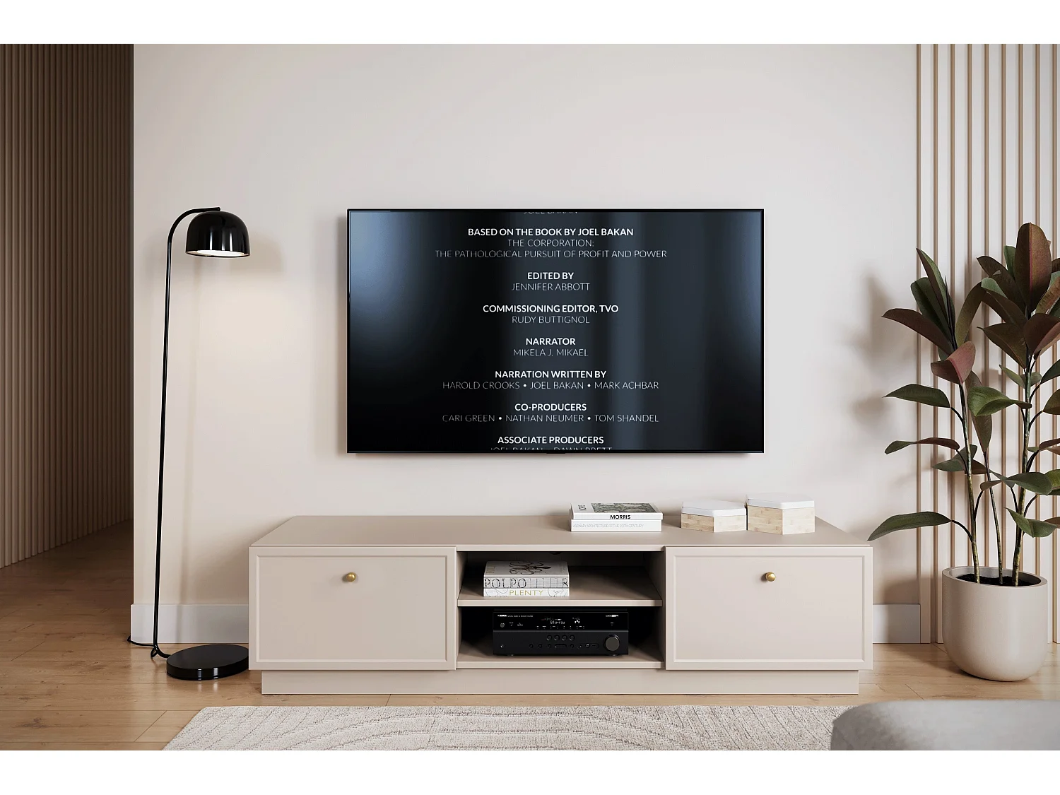 TV-Schrank aus Kaschmir mit 2 Schubladen und goldenen Griffen, 150 x 45 cm