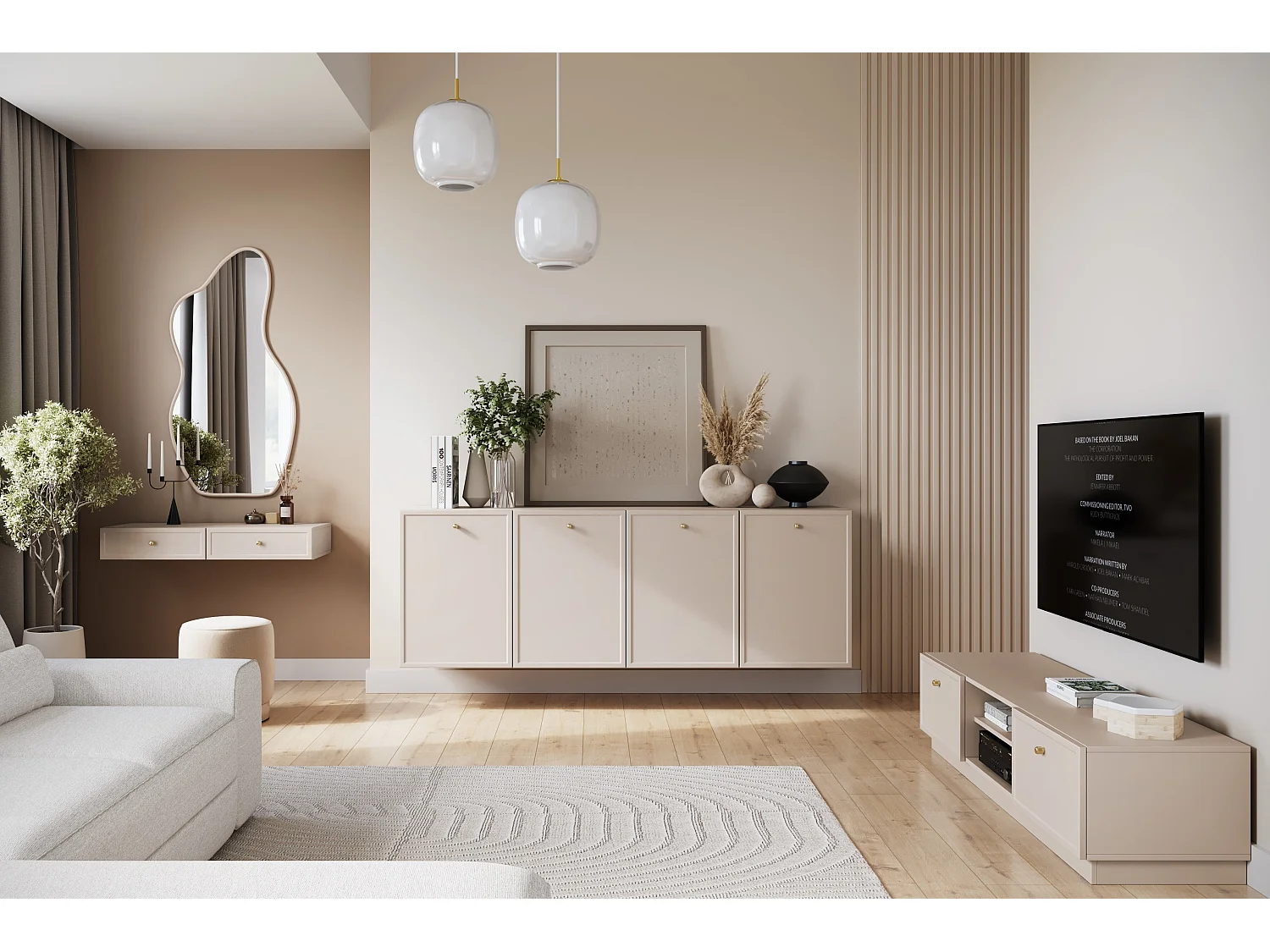 TV-Schrank aus Kaschmir mit 2 Schubladen und goldenen Griffen, 150 x 45 cm