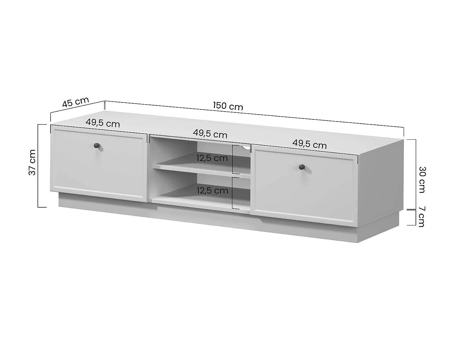 TV-Schrank aus Kaschmir mit 2 Schubladen und goldenen Griffen, 150 x 45 cm