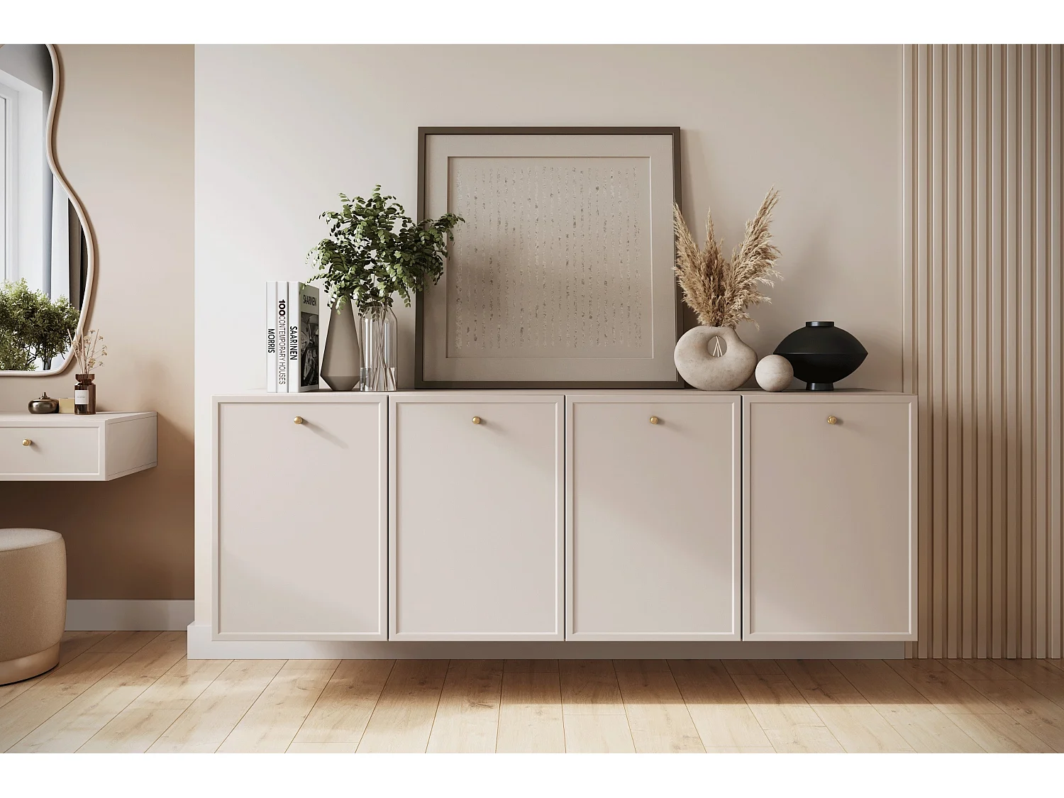 Buffet à 2 portes et 3 tiroirs avec poignées dorées, 150 x 45 cm