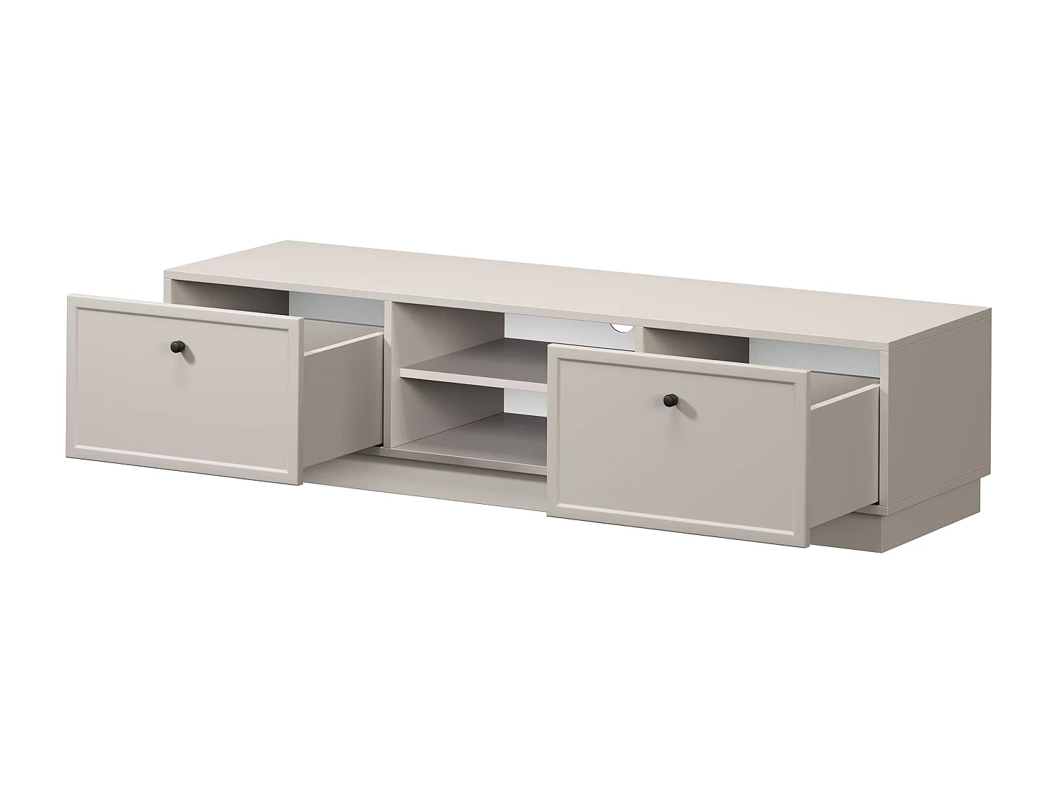 TV-Ständer aus Kaschmir mit 2 Schubladen und schwarzen Griffen, 150 x 45 cm