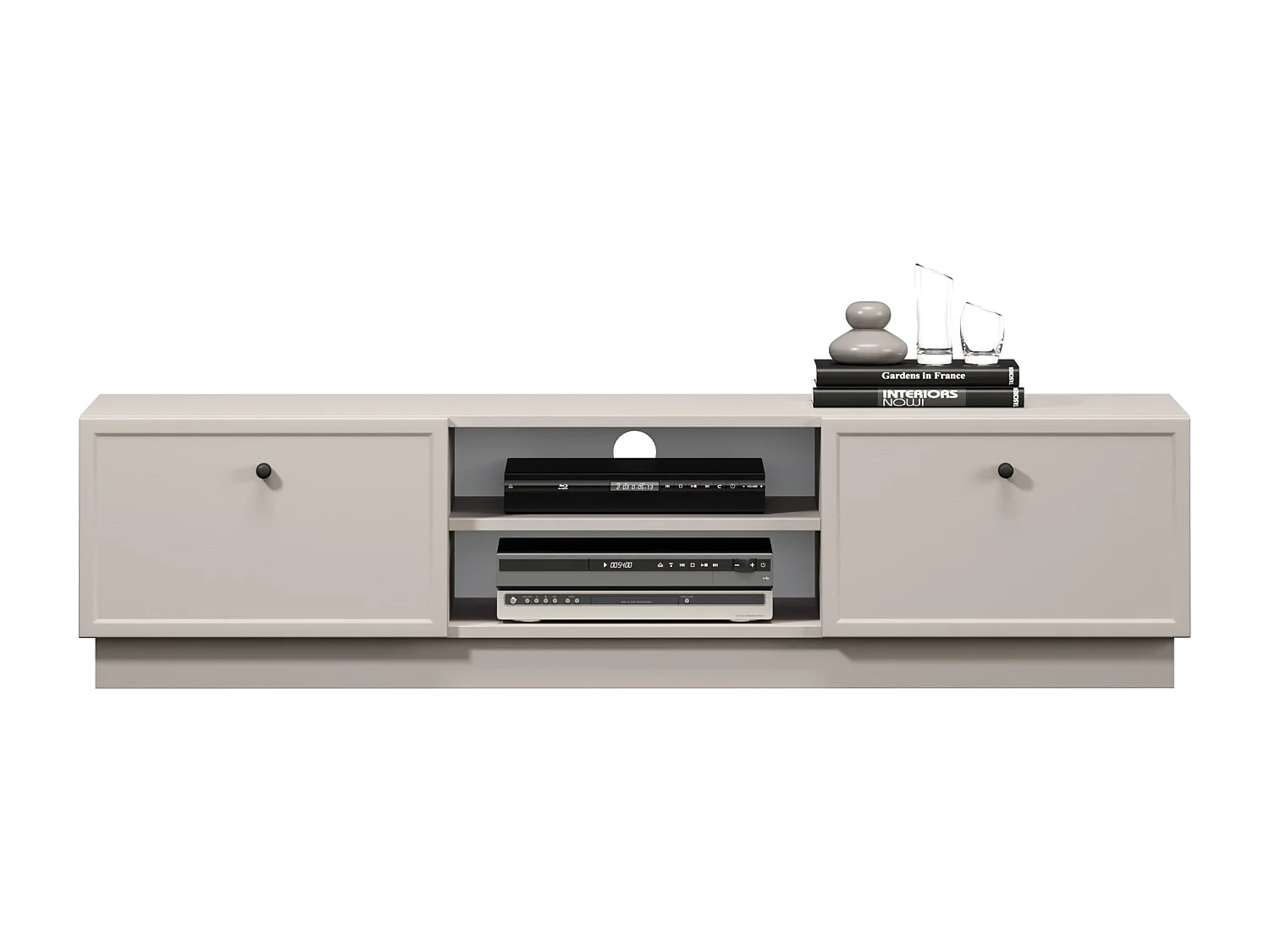 TV-Ständer aus Kaschmir mit 2 Schubladen und schwarzen Griffen, 150 x 45 cm