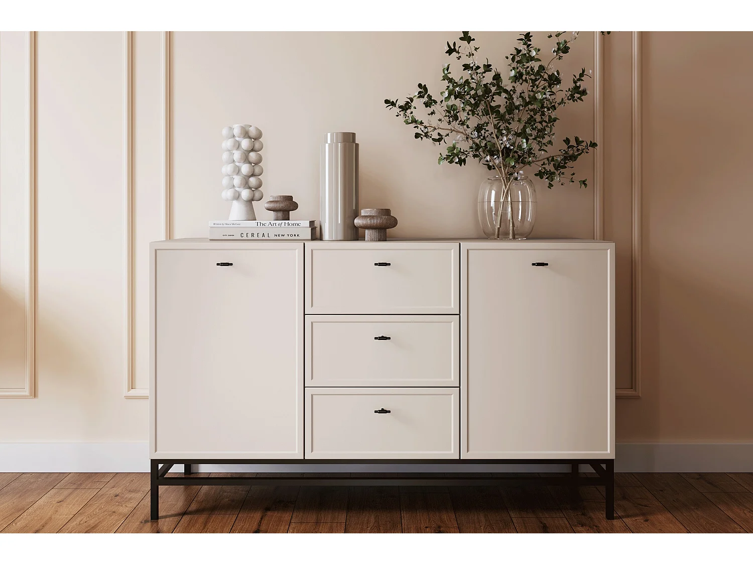 Buffet à 2 portes et 3 tiroirs avec poignées dorées, 150 x 45 cm