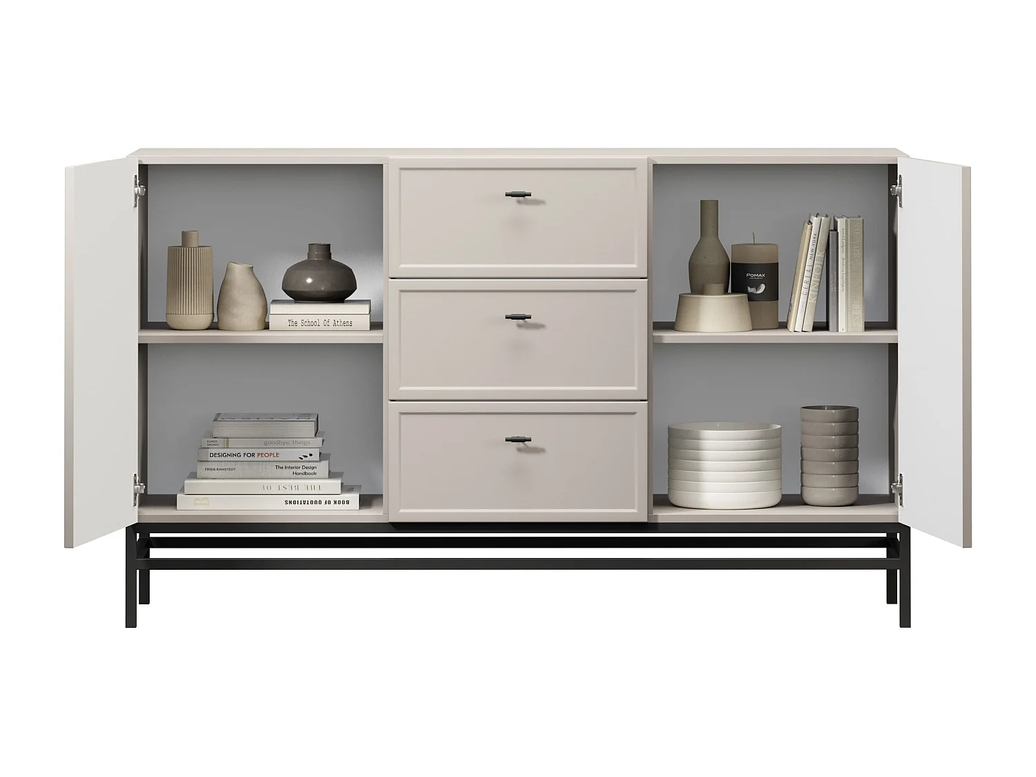 Buffet à 2 portes et 3 tiroirs avec poignées dorées, 150 x 45 cm