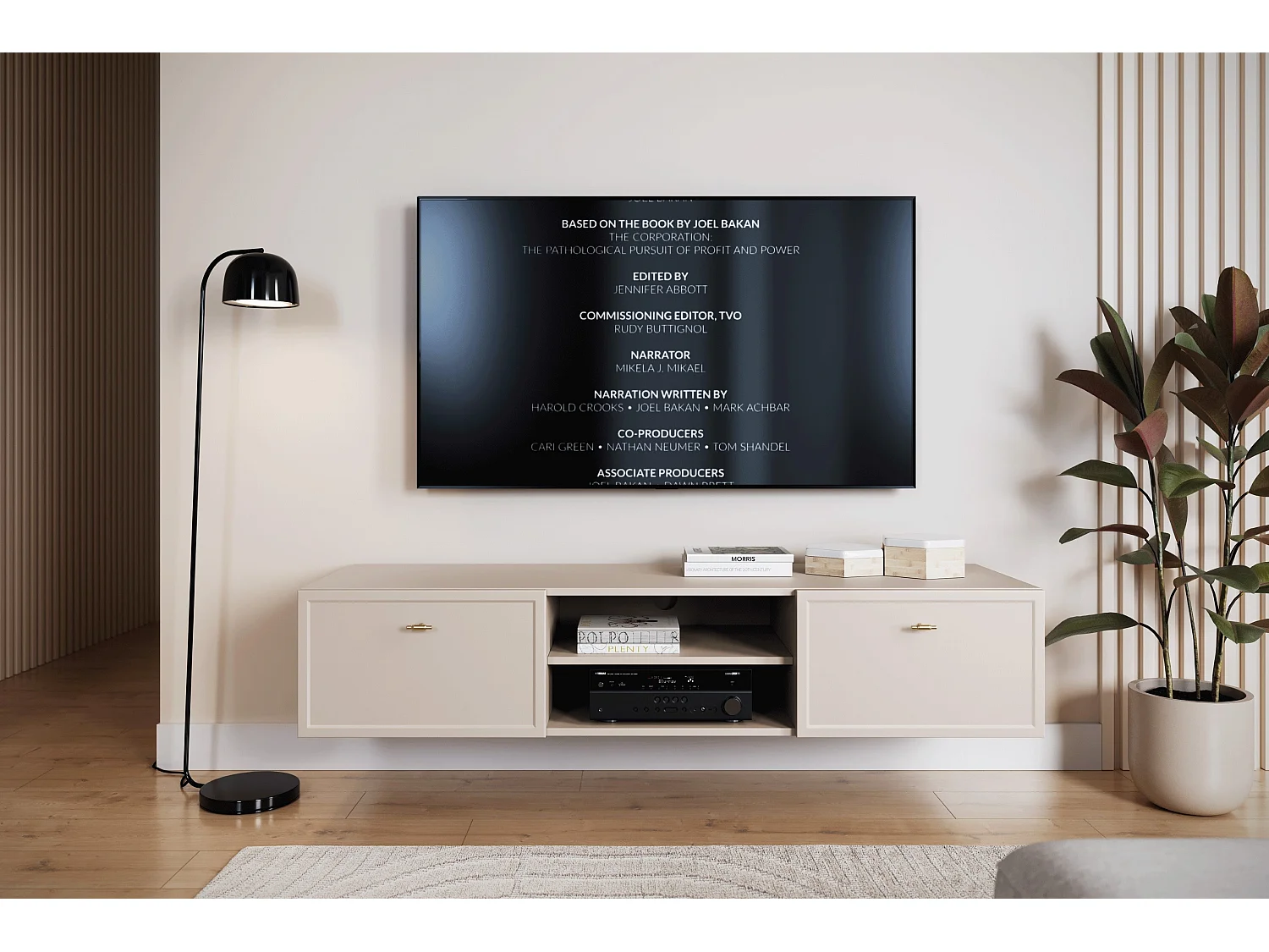 TV-Schrank aus Kaschmir mit 2 Schubladen und goldenen Griffen, 150 x 45 cm