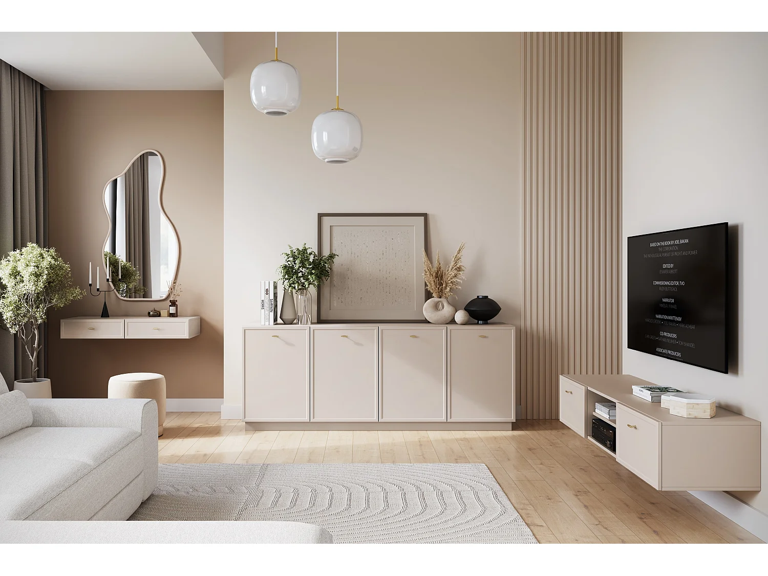 TV-Schrank aus Kaschmir mit 2 Schubladen und goldenen Griffen, 150 x 45 cm