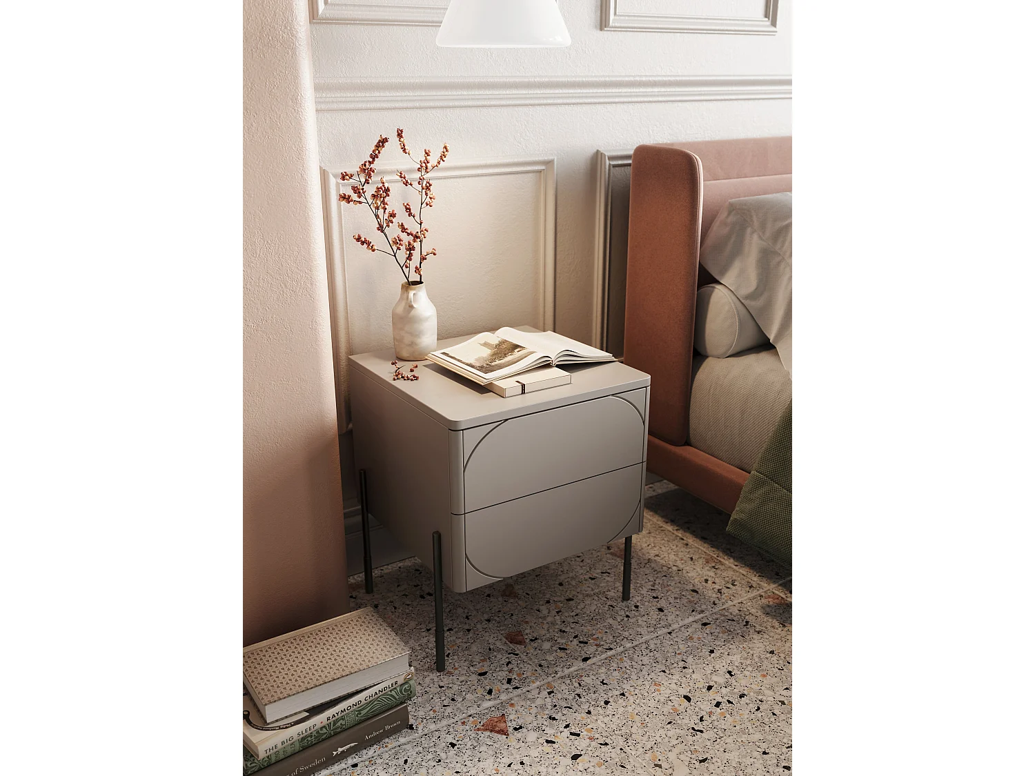 Nachttisch aus Kaschmir mit 2 Schubladen, 49 x 55 cm