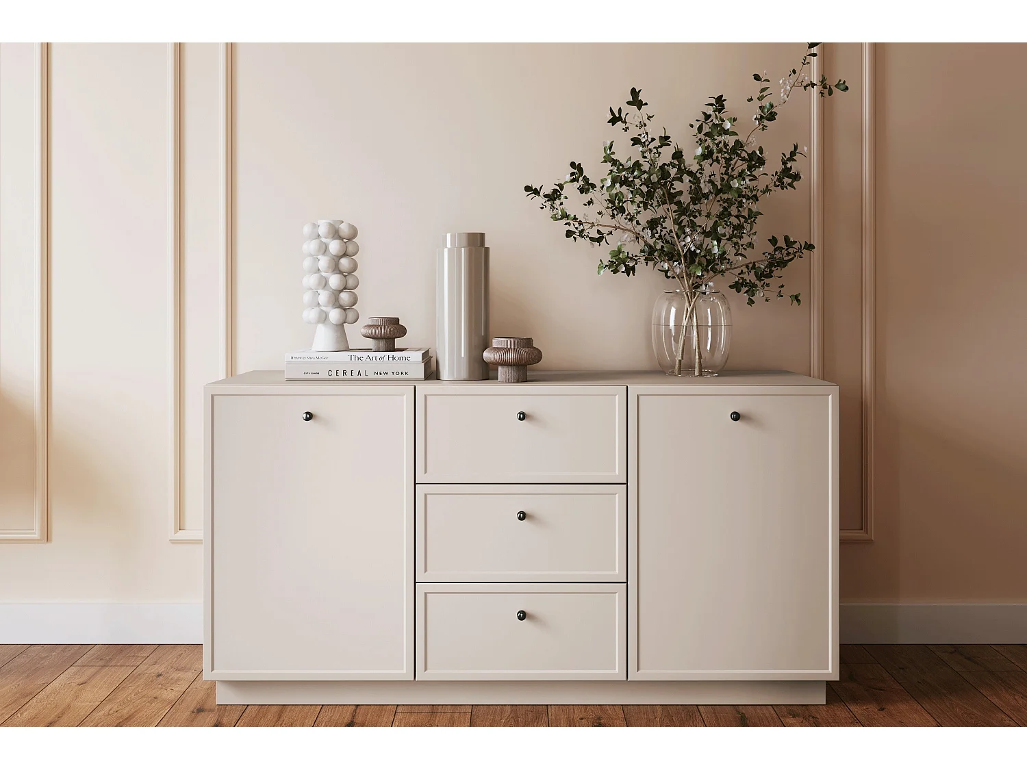 Buffet à 2 portes et 3 tiroirs avec poignées dorées, 150 x 45 cm