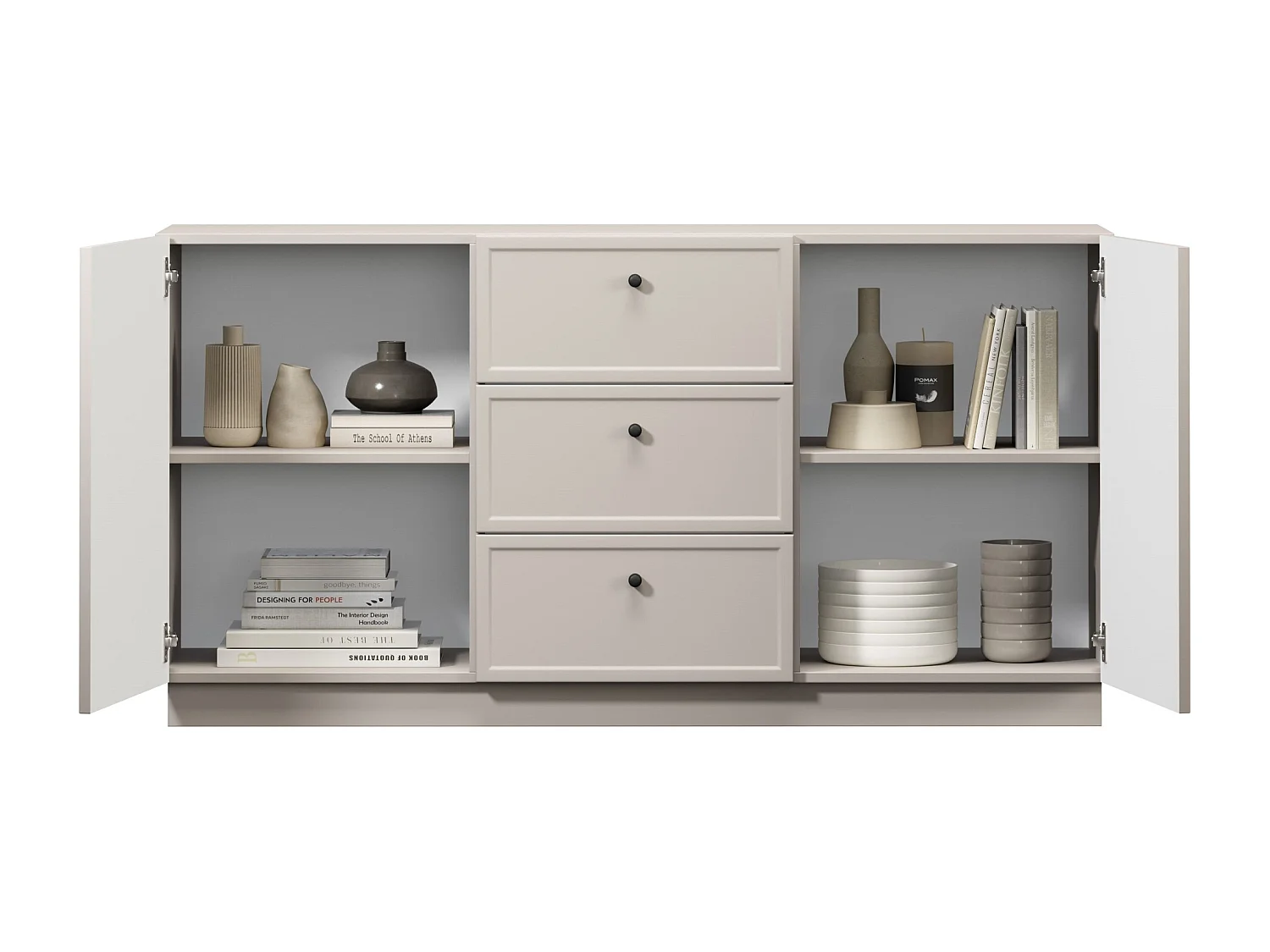 Buffet à 2 portes et 3 tiroirs avec poignées dorées, 150 x 45 cm