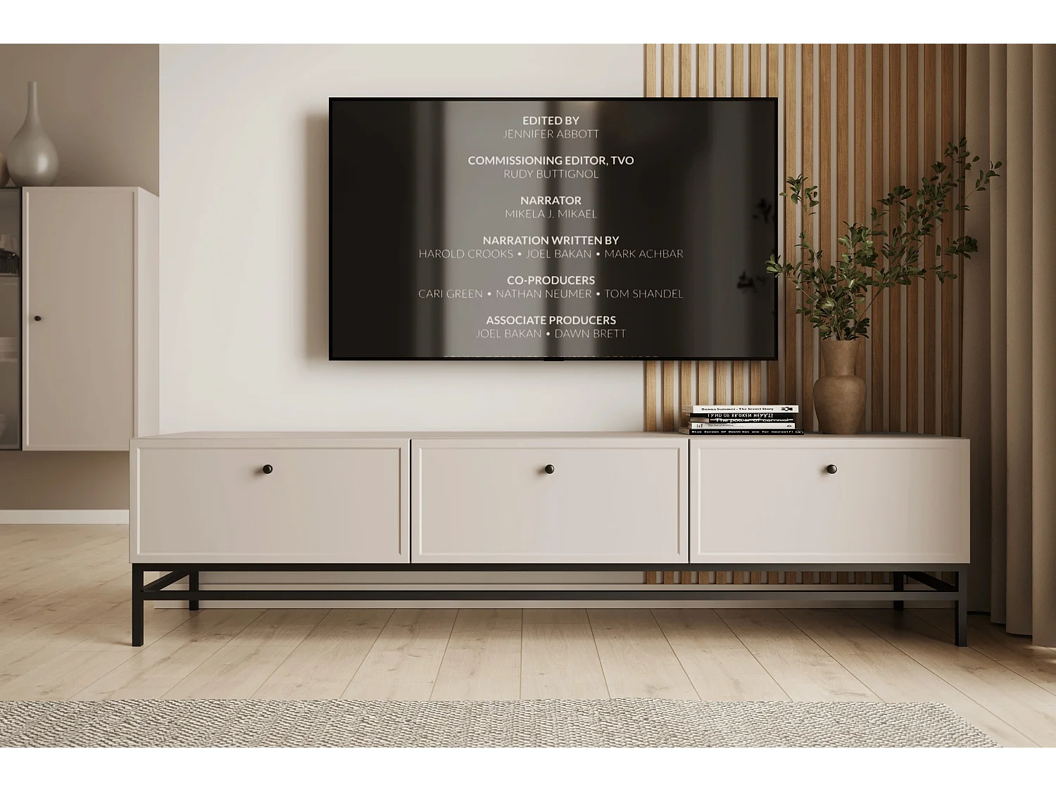 TV-Ständer aus Kaschmir mit 1 Tür und 2 Schubladen, schwarzen Griffen, 200 x 45 cm