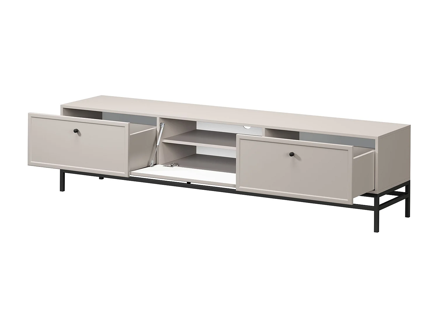 TV-Ständer aus Kaschmir mit 1 Tür und 2 Schubladen, schwarzen Griffen, 200 x 45 cm