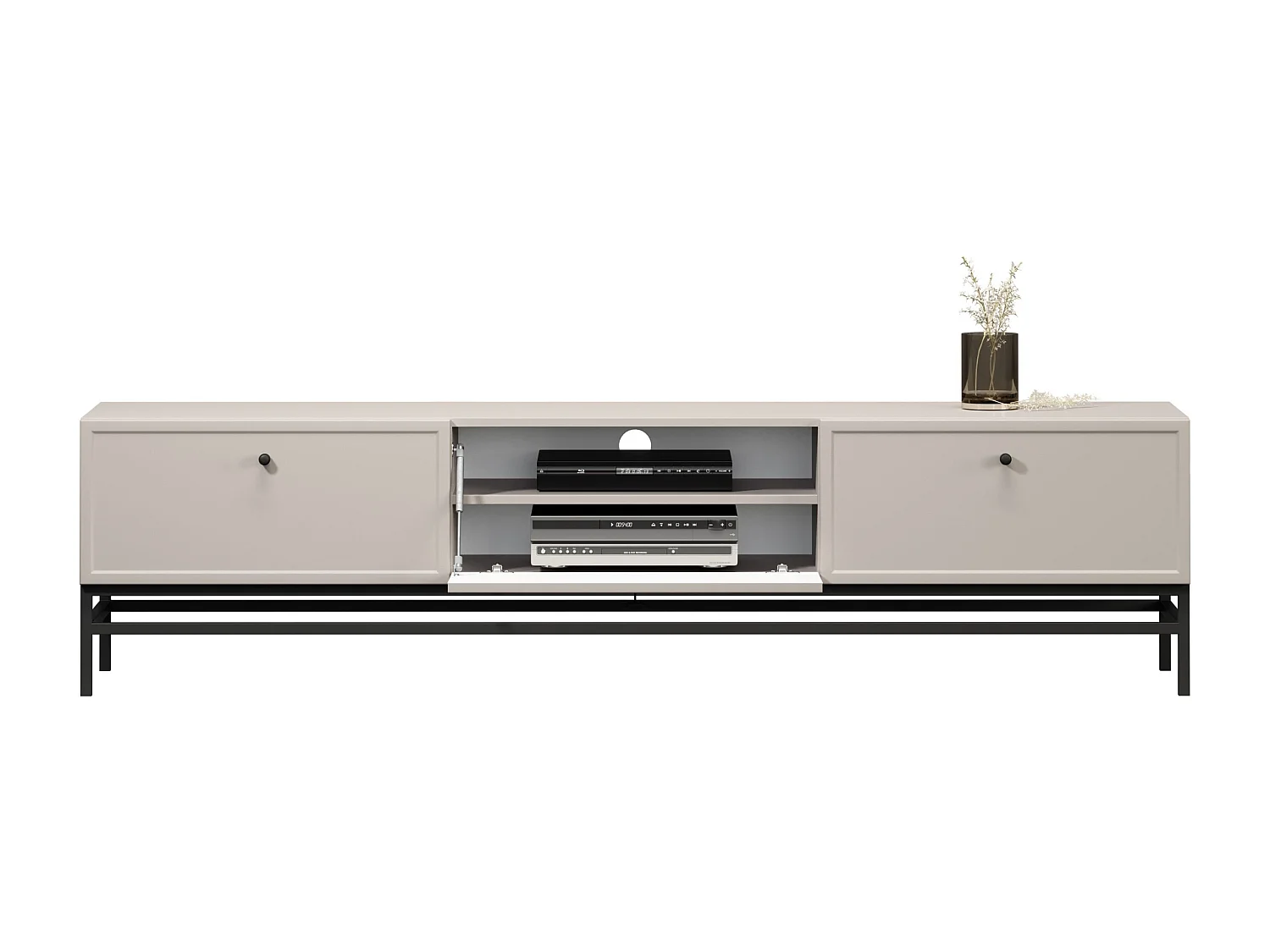 TV-Ständer aus Kaschmir mit 1 Tür und 2 Schubladen, schwarzen Griffen, 200 x 45 cm