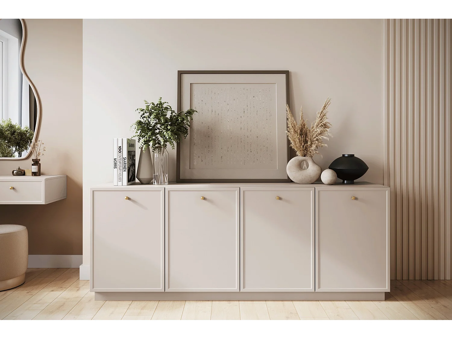 Buffet à 2 portes et 3 tiroirs avec poignées dorées, 150 x 45 cm